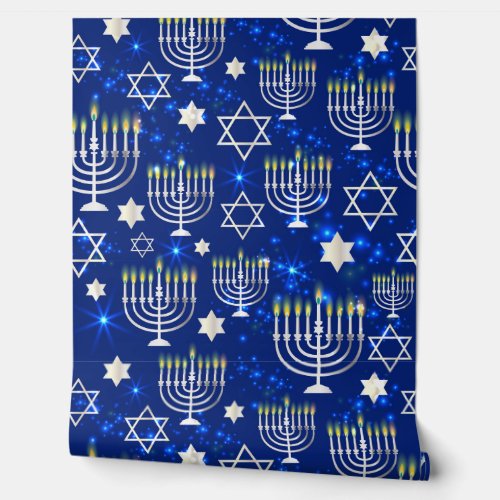 Blue Happy Hanukkah Star Of David Menorah Modern Wallpaper