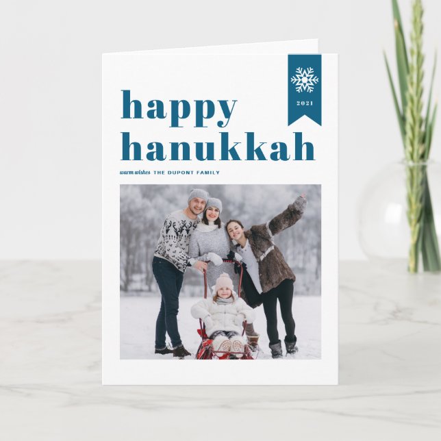 Blue Happy Hanukkah Typography Snowflakes Photo Holiday Card (Front)