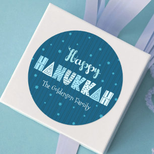Blue Happy Hanukkah Typography Star David Name Classic Round Sticker