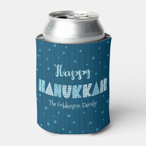 Blue Happy Hanukkah Typography Star of David Name Can Cooler
