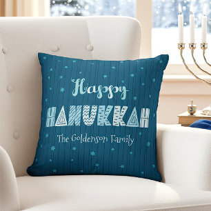 Blue Happy Hanukkah Typography Star of David Name  Throw Pillow