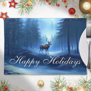 Blue Happy Holidays Reindeer Winter Wonderland  Cloth Placemat
