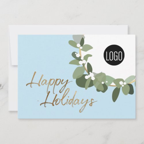 Blue Happy Holidays Wreath Your Logo gold  Holiday Card