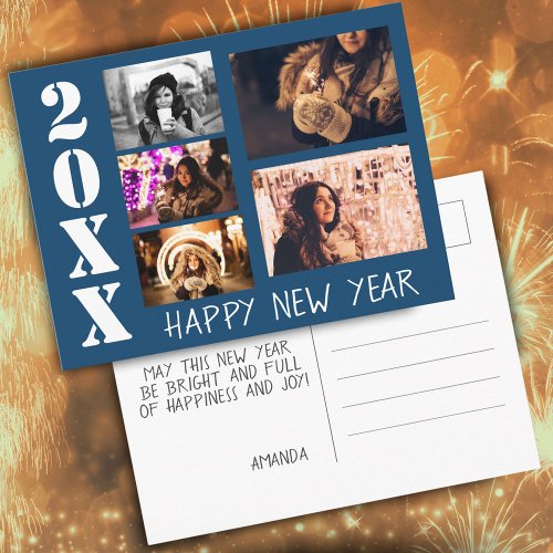 Blue Happy New Year 2024 5 Photo Collage Postcard