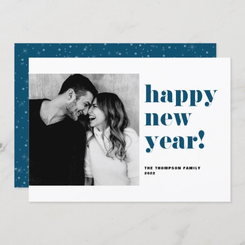 Blue Happy New Year 2024 Bold Typography Photo Holiday Card