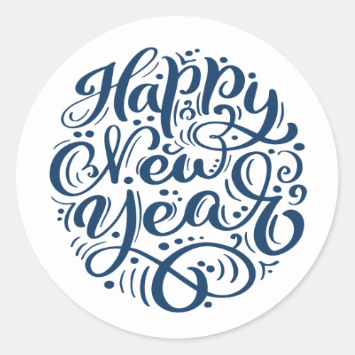 Blue Happy New Year Modern Calligraphy  Classic Round Sticker