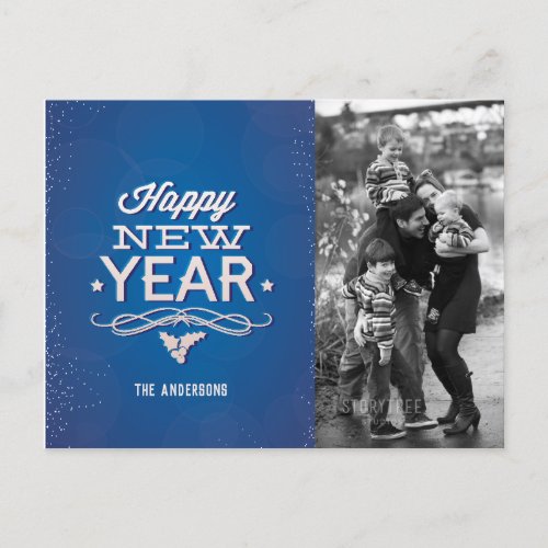 Blue Happy New Year Typography  Photo Postcard