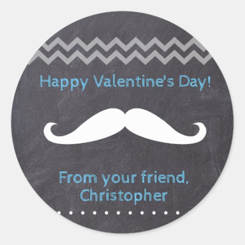 Blue Happy Valentines day mustache Classic Round Sticker