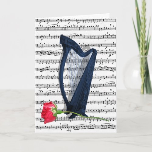 Blue Harp and Red Rose Card Over Sheet Music Romantic Greeting Card