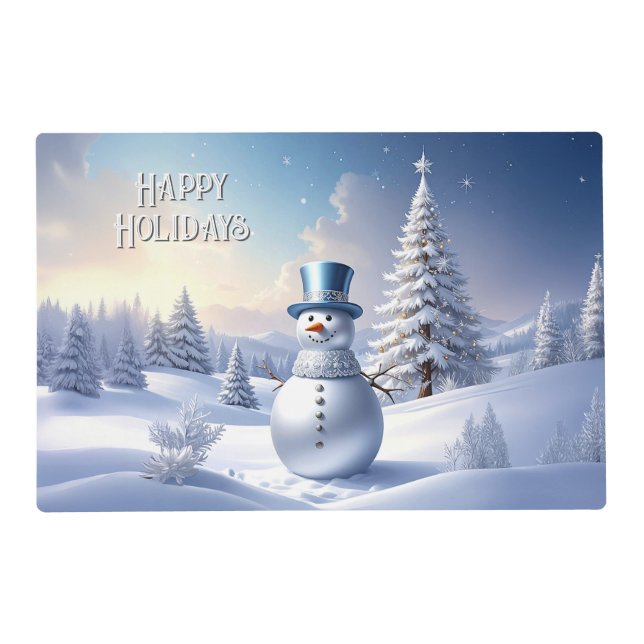 Blue Hat Snowman Christmas Holiday Paper Placemat (Front)
