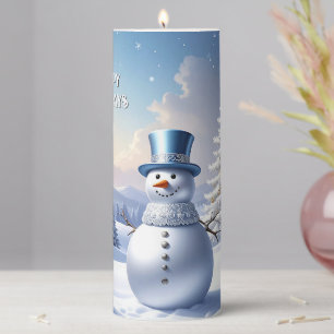 Blue Hat Snowman Christmas Holiday Pillar Candle