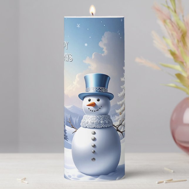 Blue Hat Snowman Christmas Holiday Pillar Candle (In Situ)