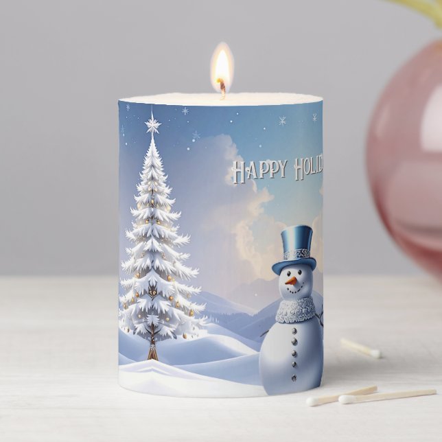 Blue Hat Snowman Christmas T Holiday Pillar Candle (In Situ)