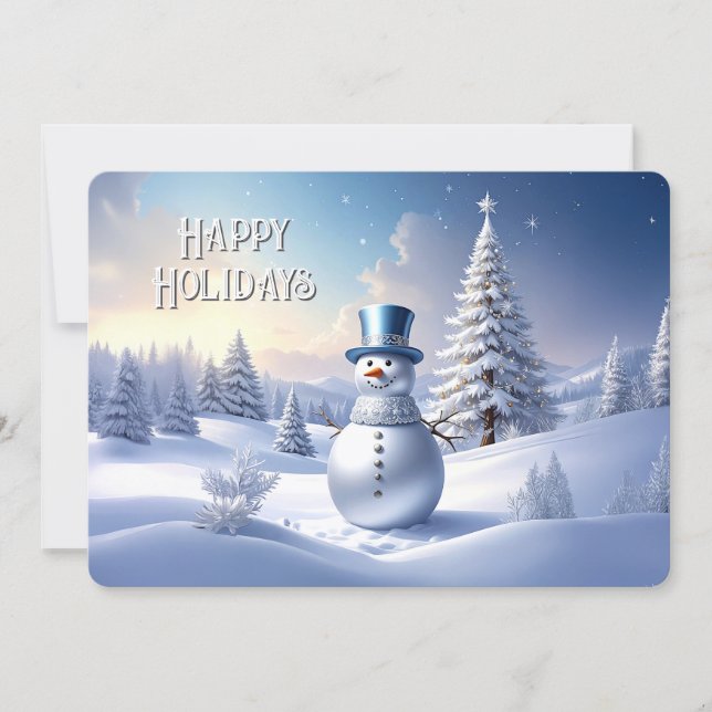Blue Hat Snowman Christmas Tree Holiday Card (Front)