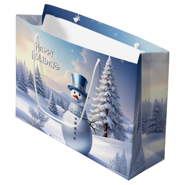 Blue Hat Snowman Christmas Tree Holiday Gift Bag (Front Angled)
