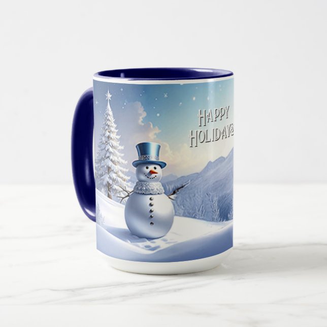 Blue Hat Snowman Christmas Tree Holiday Mug (Front Left)