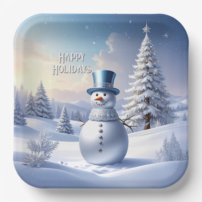 Blue Hat Snowman Christmas Tree Holiday Paper Plates (Front)
