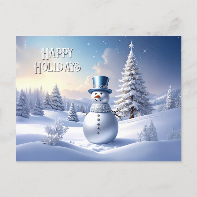 Blue Hat Snowman Christmas Tree Holiday Postcard (Front)