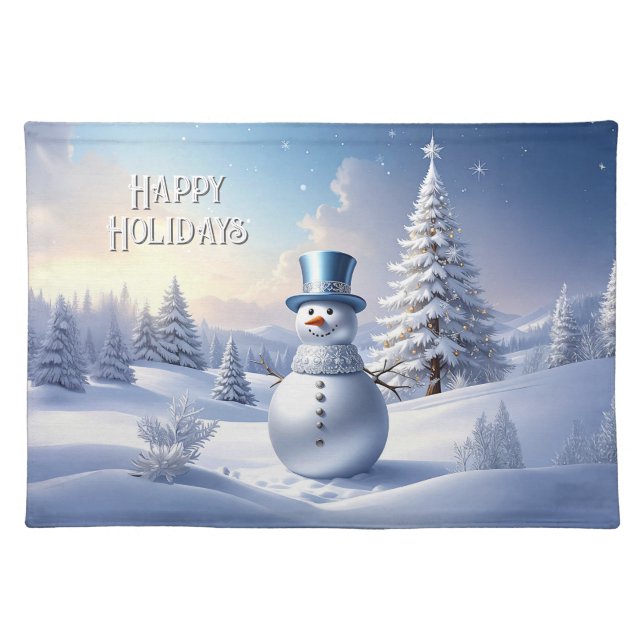 Blue Hat Snowman Christmas Tree Holiday Table Cloth Placemat (Front)