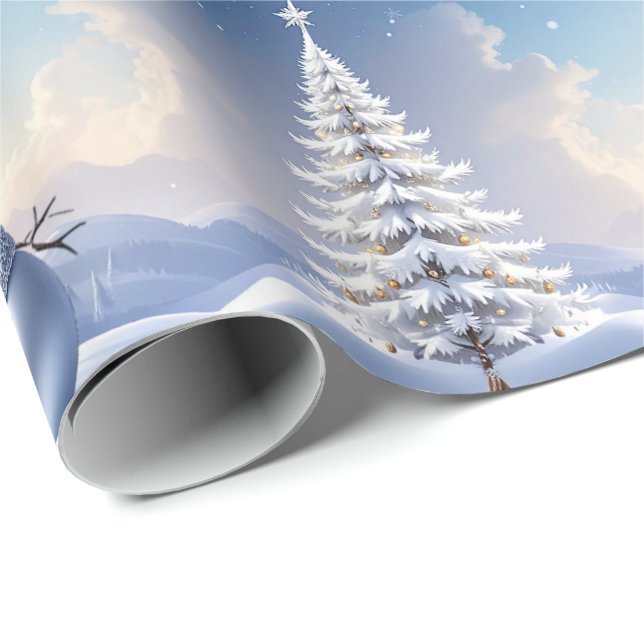 Blue Hat Snowman Christmas Tree Holiday Wrapping Paper (Roll Corner)