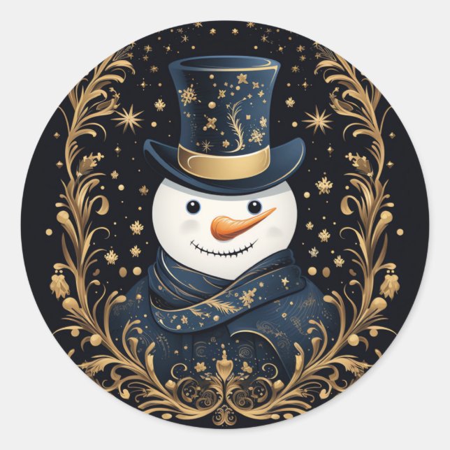 Blue Hat Snowman Gold Decorative Sticker (Front)