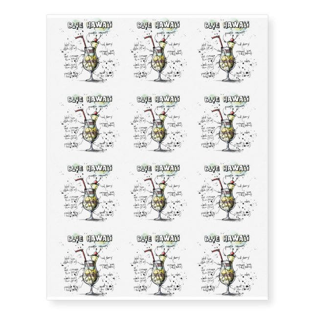 Blue Hawaii Drink Recipe Design Temporary Tattoos (Front)