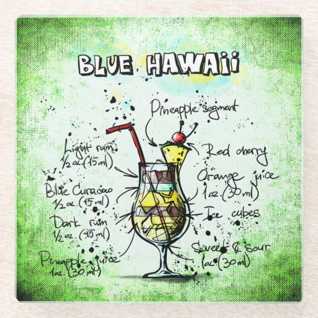 Blue Hawaii Drink Recipe Glass Coaster (Front)