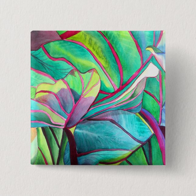Blue Hawaii Tropical leaf foliage art Button (Front)