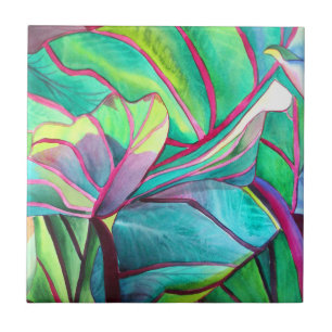 Blue Hawaii Tropical leaf foliage art Ceramic Tile