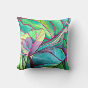 Blue Hawaii Tropical leaf foliage art Throw Pillow