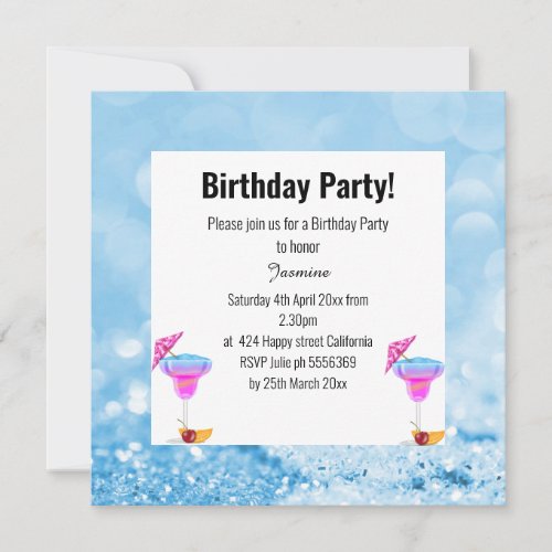 BLUE HAWAIIAN BUBBLES  CRYSTALS BIRTHDAY PARTY INVITATION