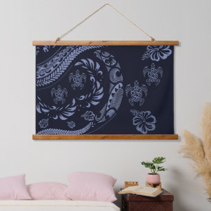 Blue Hawaiian Contemporary Tapa Hanging Tapestry