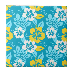 Blue Hawaiian Hibiscus Floral Pattern Ceramic Tile