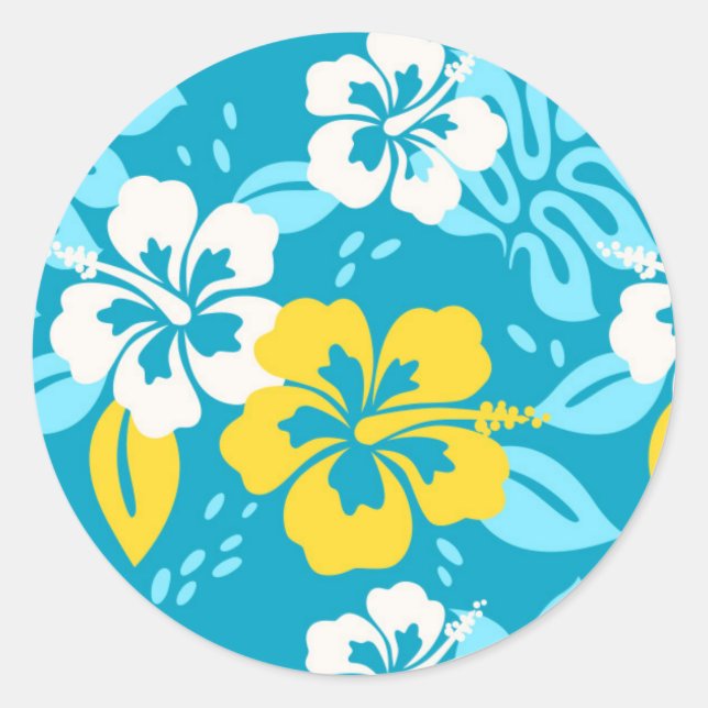 Blue Hawaiian Hibiscus Floral Pattern Classic Round Sticker (Front)