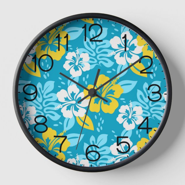 Blue Hawaiian Hibiscus Floral Pattern Clock (Front)