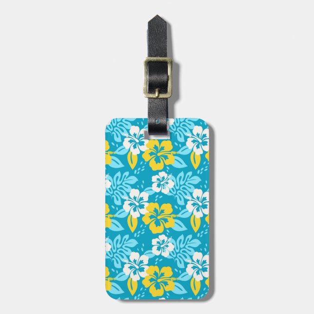 Blue Hawaiian Hibiscus Floral Pattern Luggage Tag (Front Vertical)