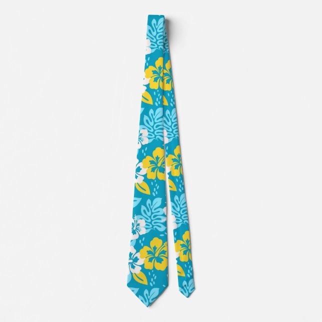 Blue Hawaiian Hibiscus Floral Pattern Neck Tie (Front)