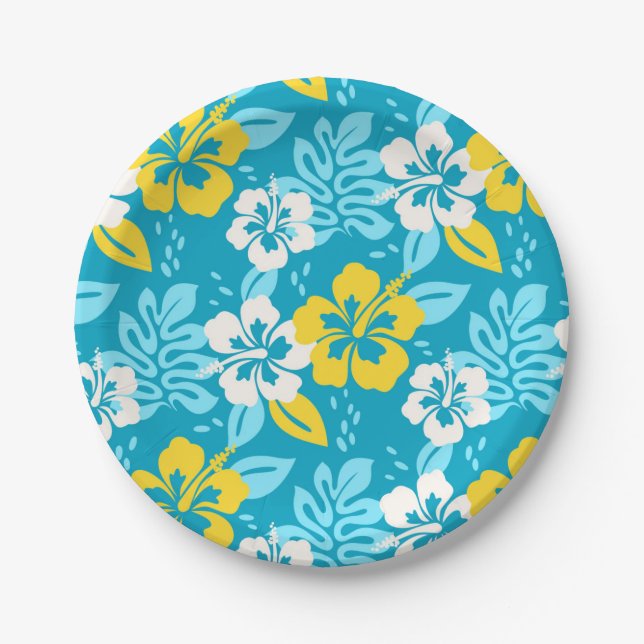 Blue Hawaiian Hibiscus Floral Pattern Paper Plates (Front)