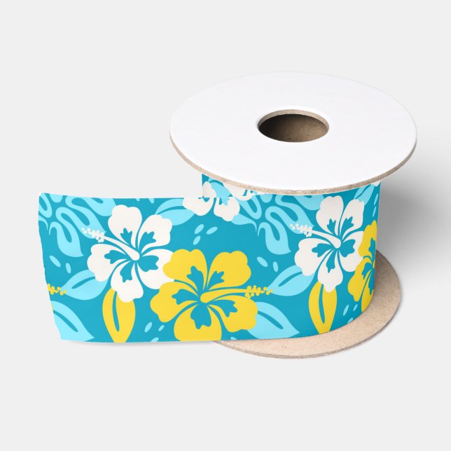 Blue Hawaiian Hibiscus Floral Pattern Satin Ribbon (Spool)