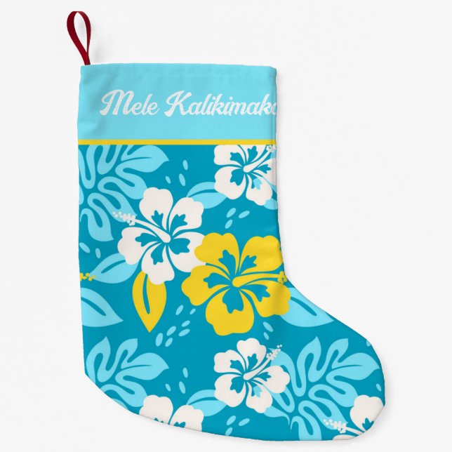 Blue Hawaiian Hibiscus Floral Pattern Small Christmas Stocking (Front)