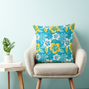 Blue Hawaiian Hibiscus Floral Pattern Throw Pillow