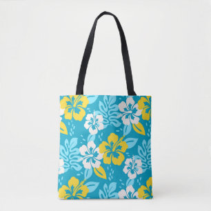 Blue Hawaiian Hibiscus Floral Pattern Tote Bag