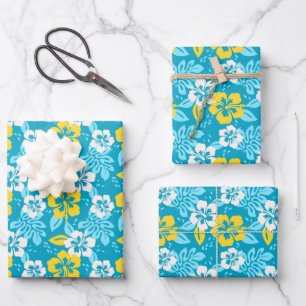 Blue Hawaiian Hibiscus Floral Pattern Wrapping Paper Sheets