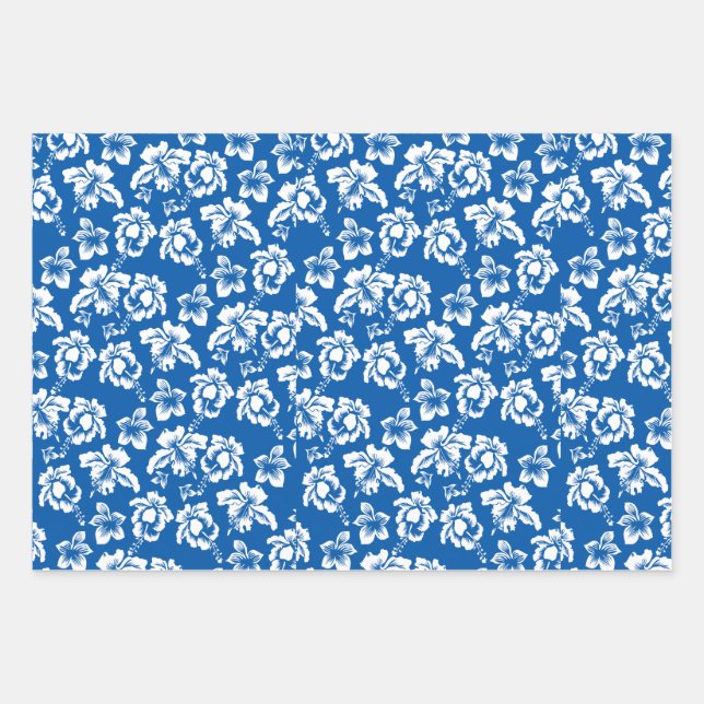 Blue Hawaiian Hibiscus Flowe Wrapping Paper Sheets (Front)