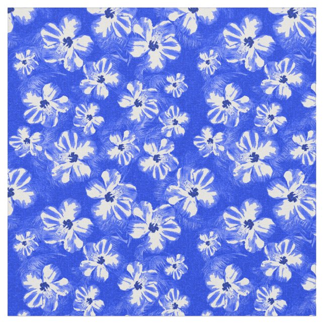 Blue Hawaiian Hibiscus Flowers Fabric (Close Up)