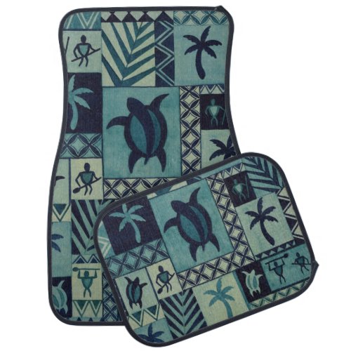 Blue Hawaiian Petroglyph Warrior Honu Car Mats