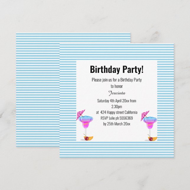 BLUE HAWAIIAN STRIPED THEME BIRTHDAY PARTY INVITATION (Front/Back)
