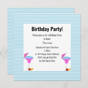 BLUE HAWAIIAN STRIPED THEME BIRTHDAY PARTY INVITATION