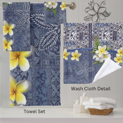 Blue Hawaiian Tapa and Plumeria Towel Set