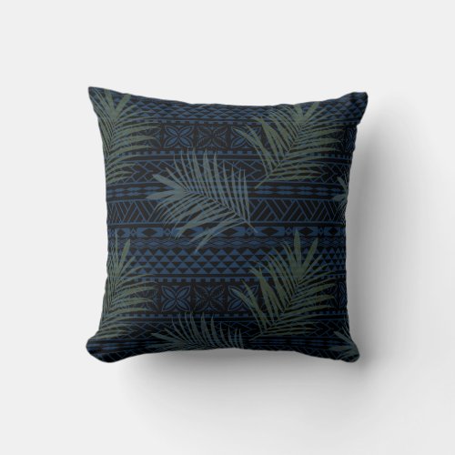 Blue Hawaiian Tribal Pattern With Palm Leaves Throw Pillow